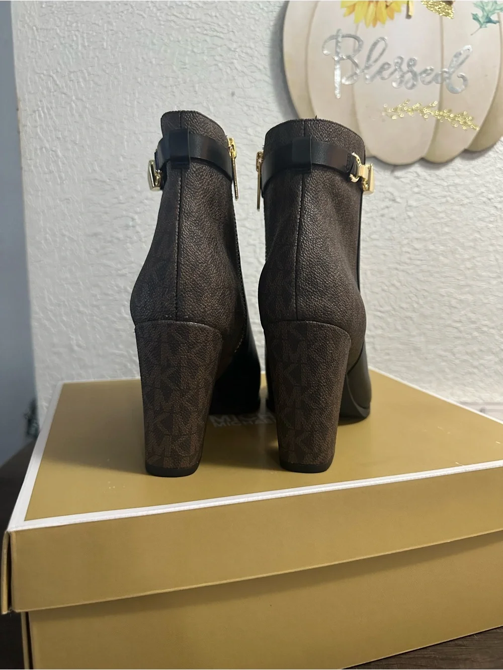 Michael Kors Black Leather & Brown Logo Block Heel Ankle Boots with Gold Accent